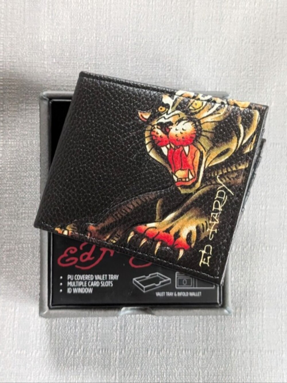 Ed Hardy Panther Tattoo Print Faux Leather Wallet With Bonus Valet Tray NEW!